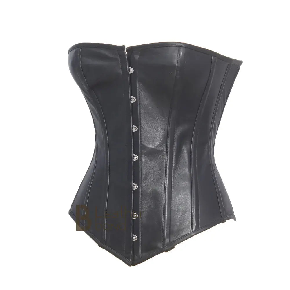 Genuine / Real Sheep Leather & Steel Spiral Boned Black Corset. Leather Bond