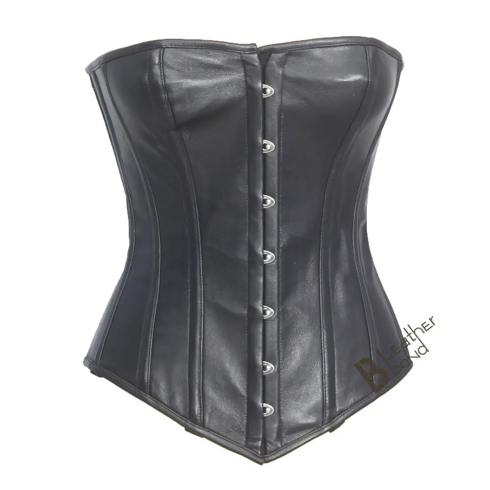 Genuine / Real Sheep Leather & Steel Spiral Boned Black Corset. Leather Bond