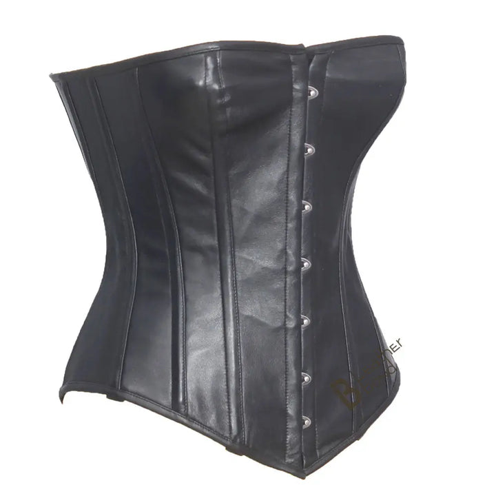 Genuine / Real Sheep Leather & Steel Spiral Boned Black Corset. Leather Bond