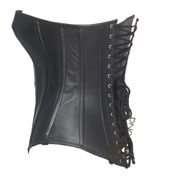 Genuine / Real Sheep Leather & Steel Spiral Boned Black Corset. Leather Bond