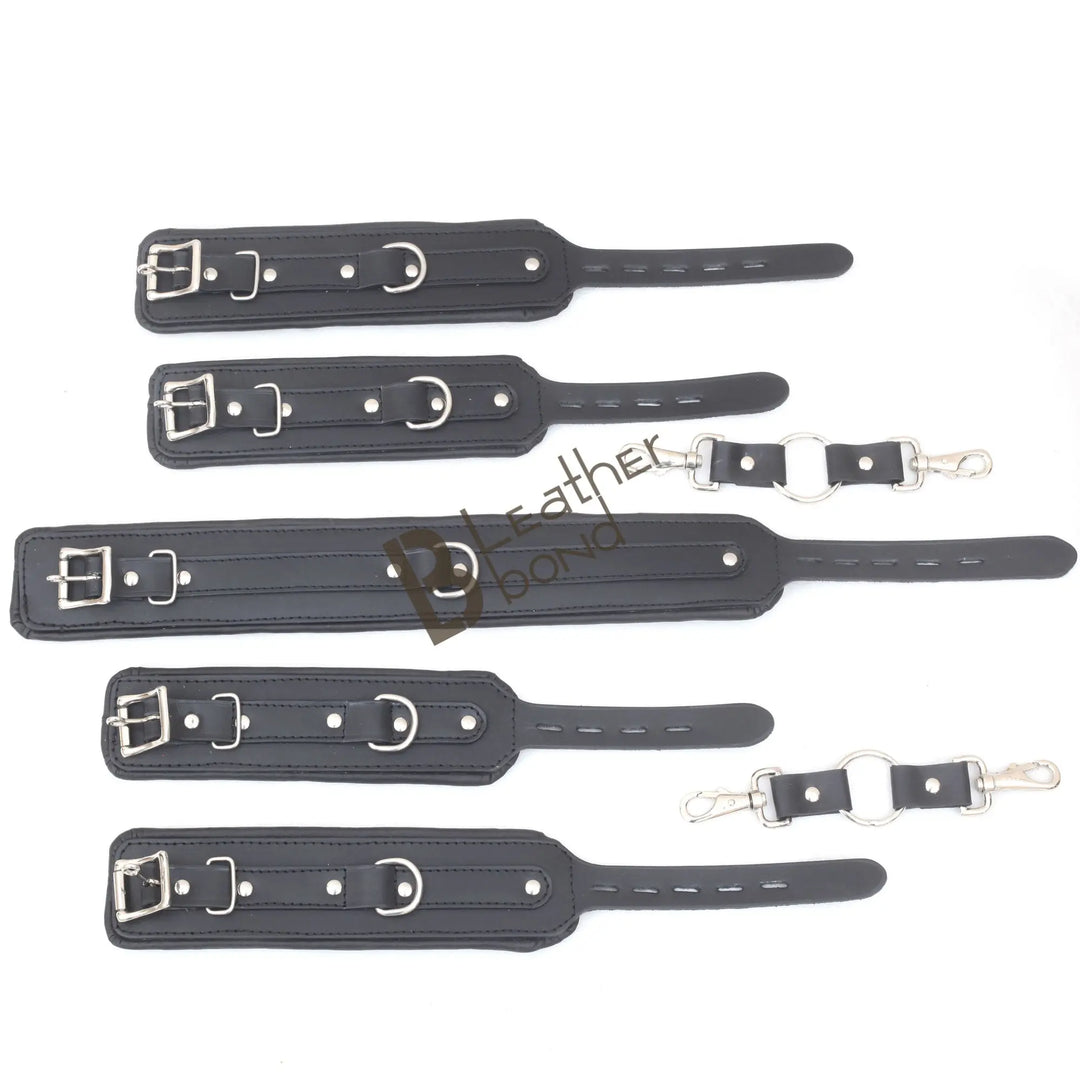 Real Cowhide Leather Wrist and Ankle Cuffs with Neck Collar Restraint Bondage Set Black 7 Piece Padded Cuffs with two connectors - Leather Bond