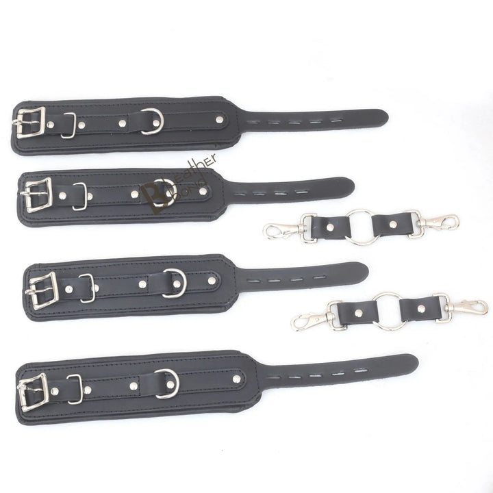 Wrist and Ankle Cuffs Cowhide Leather Restraint Set Black Heavy Duty Professional BDSM Gear Kinky Sensual Hand Cuffs - Leather Bond