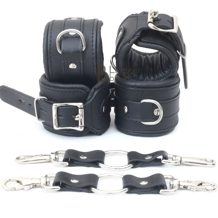 Wrist and Ankle Cuffs Cowhide Leather Restraint Set Black Heavy Duty Professional BDSM Gear Kinky Sensual Hand Cuffs - Leather Bond