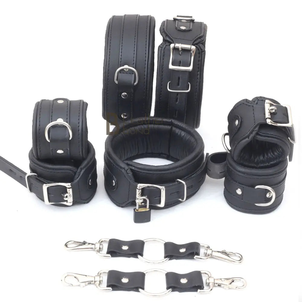 Leather Cuffs Set Unisex Bondage BDSM Gear Padded Adjustable Ankle Thigh Wrist Restraints Cow Leather Fun Couple Sex Toys - Leather Bond