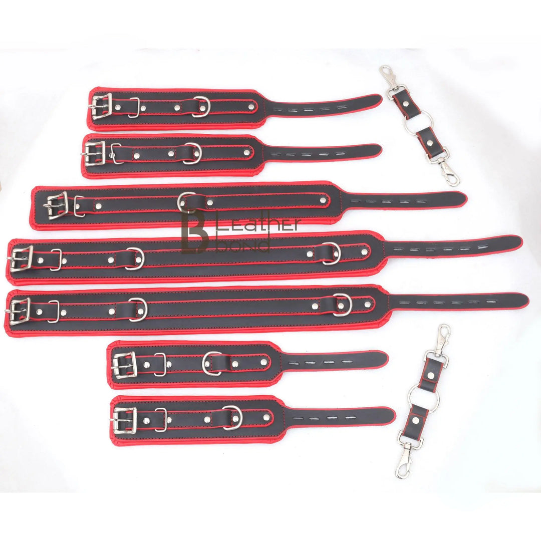 8 Piece Bondage Kit Black Red Luxury Set Soft Padded Genuine Leather Submissive Save Collar Ankle Thigh Wrist Cuffs Set - Leather Bond