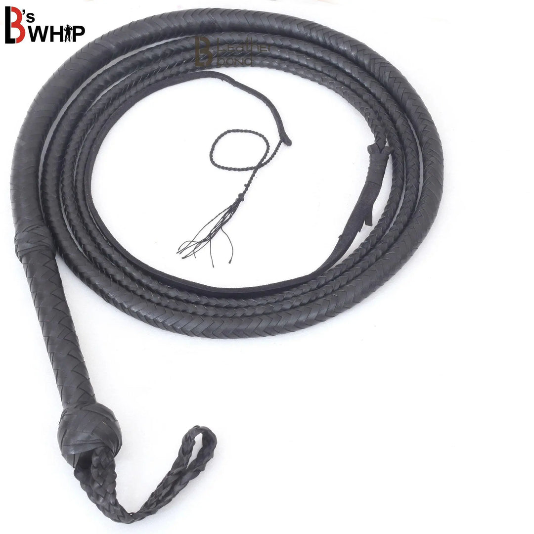 Bull Whip 6, 8, 10, 12, 14 & 16 Feet long 16 Strands Kangaroo Hide Leather Equestrian Bullwhip Leather Belly and Bolster Inside, Indiana Jones Black - Leather Bond