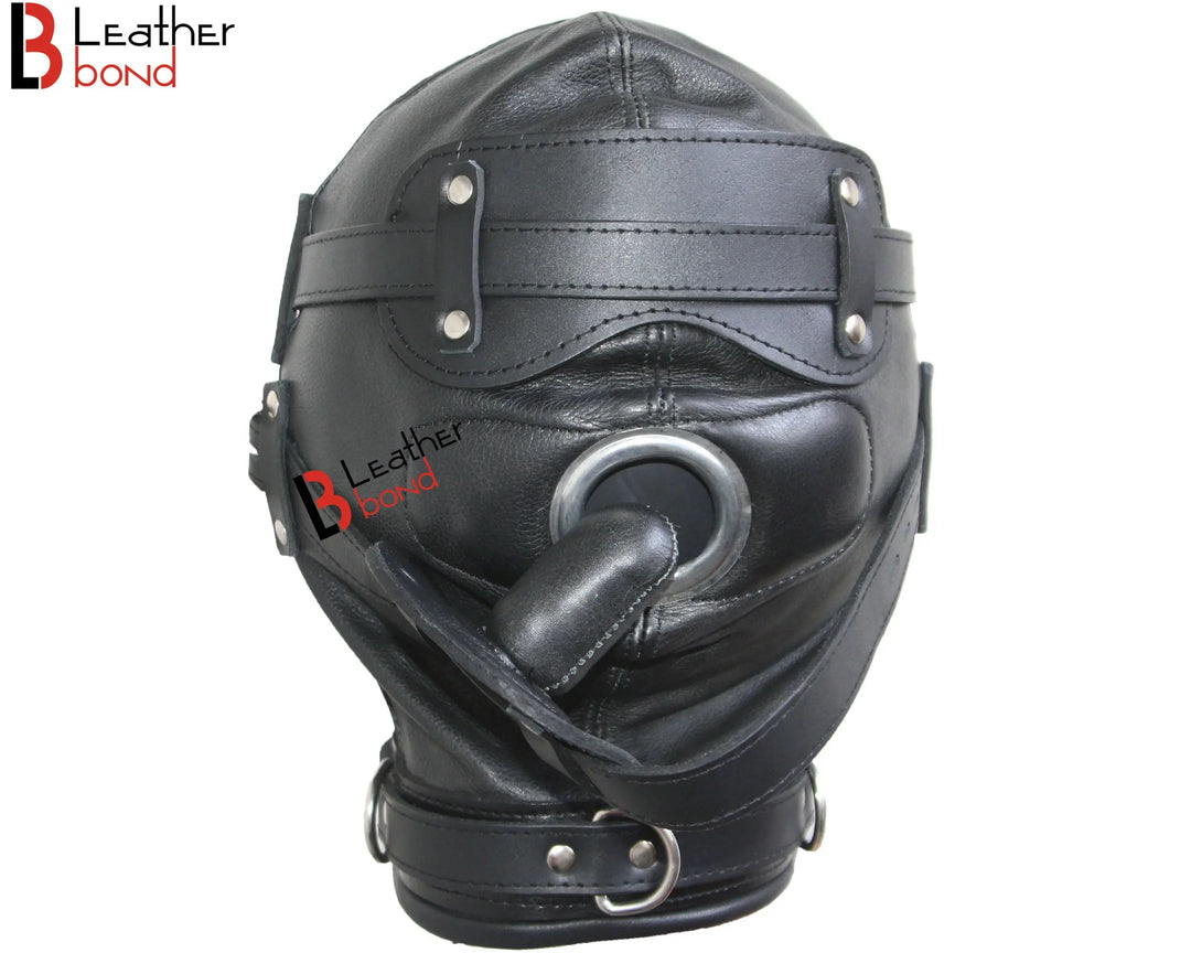 Cowhide Leather Costume Reenactment Gear Padded Mask Hood with Mouth Gag & Blind Fold Leather Bond