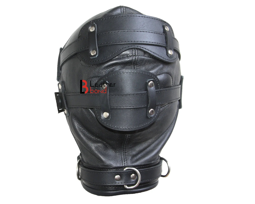 Cowhide Leather Costume Reenactment Gear Padded Mask Hood with Mouth Gag & Blind Fold Leather Bond