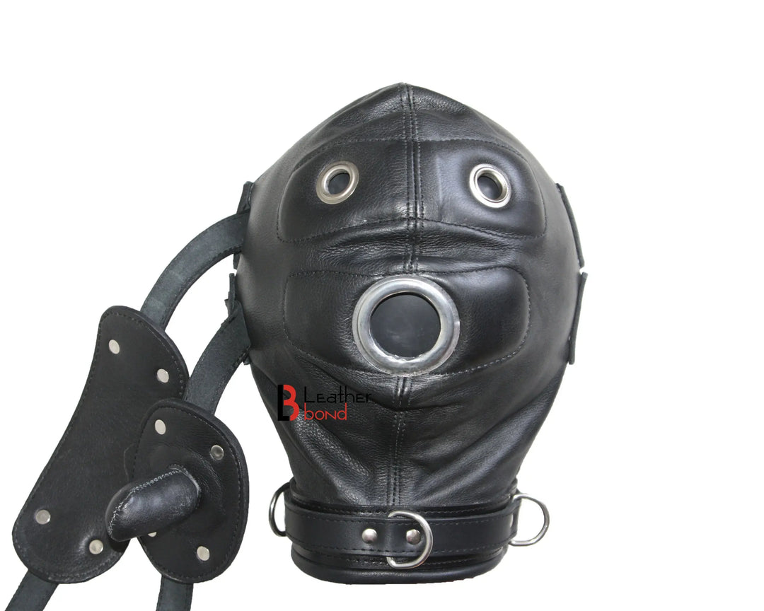 Cowhide Leather Costume Reenactment Gear Padded Mask Hood with Mouth Gag & Blind Fold Leather Bond