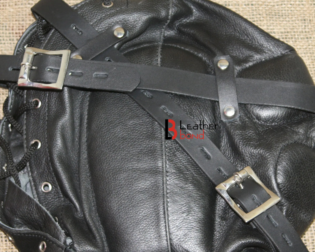 Cowhide Leather Mask Sensory Deprivation Hood Costume Reenactment Gear Padded & Lockable Leather Bond