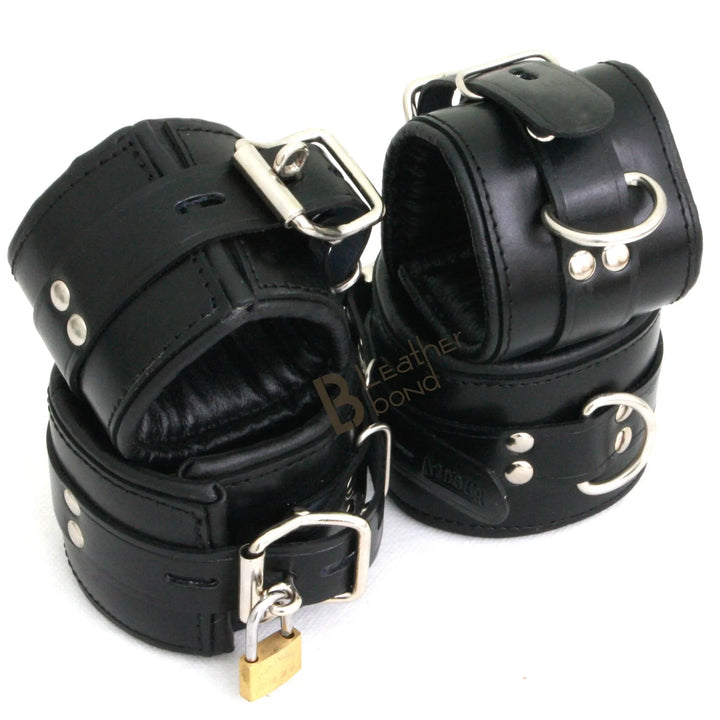 Real Cow Leather Wrist & Ankle Cuffs Set Restraint Bondage Lockable Set Black 4 Piece Padded Cuffs Hogtie included - Leather Bond