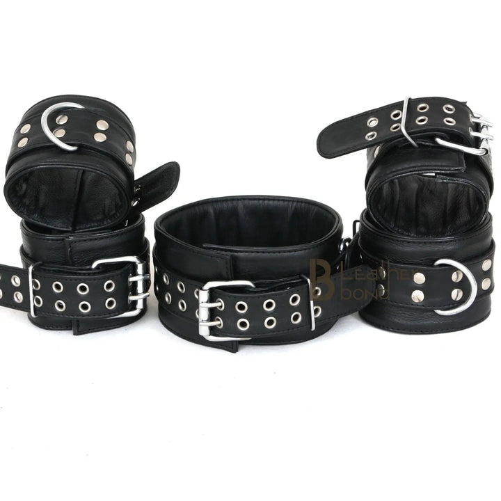 Real Top Grain Leather Wrist, Ankle Cuffs & Neck Collar Restraint Set Black 5 Pieces - Leather Bond