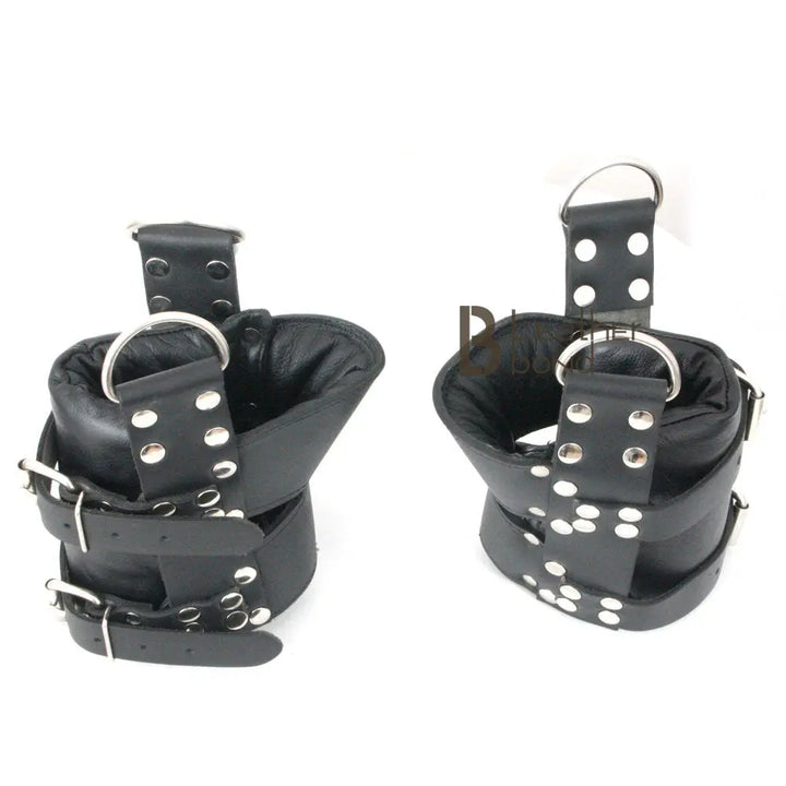 Real Strong Leather Ankle Boot Cuffs , Suspension Restraint Bondage Set 2 Pieces Black - Leather Bond