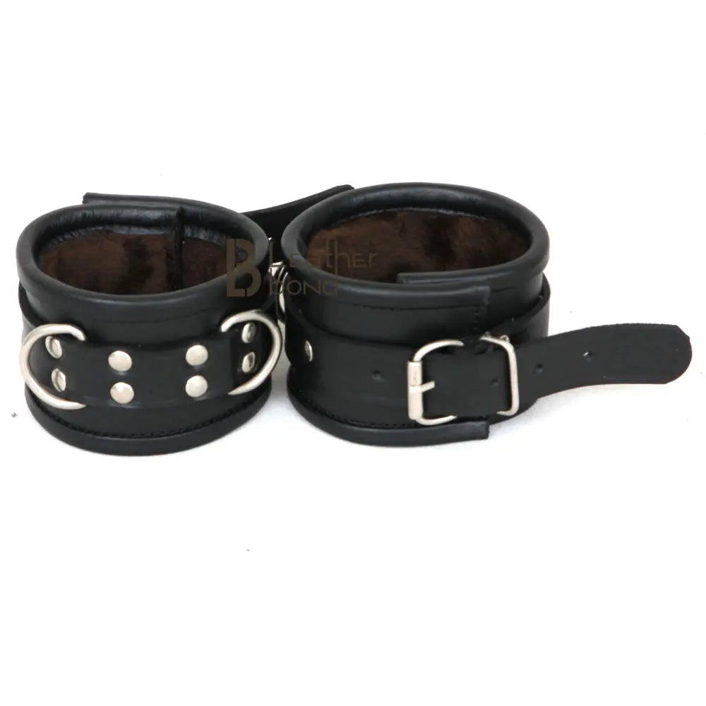 Real Cow Leather Wrist, Ankle Cuffs and Neck Collar Restraint Bondage Set with Hogtie Black 6 Piece Fur Lining - Leather Bond