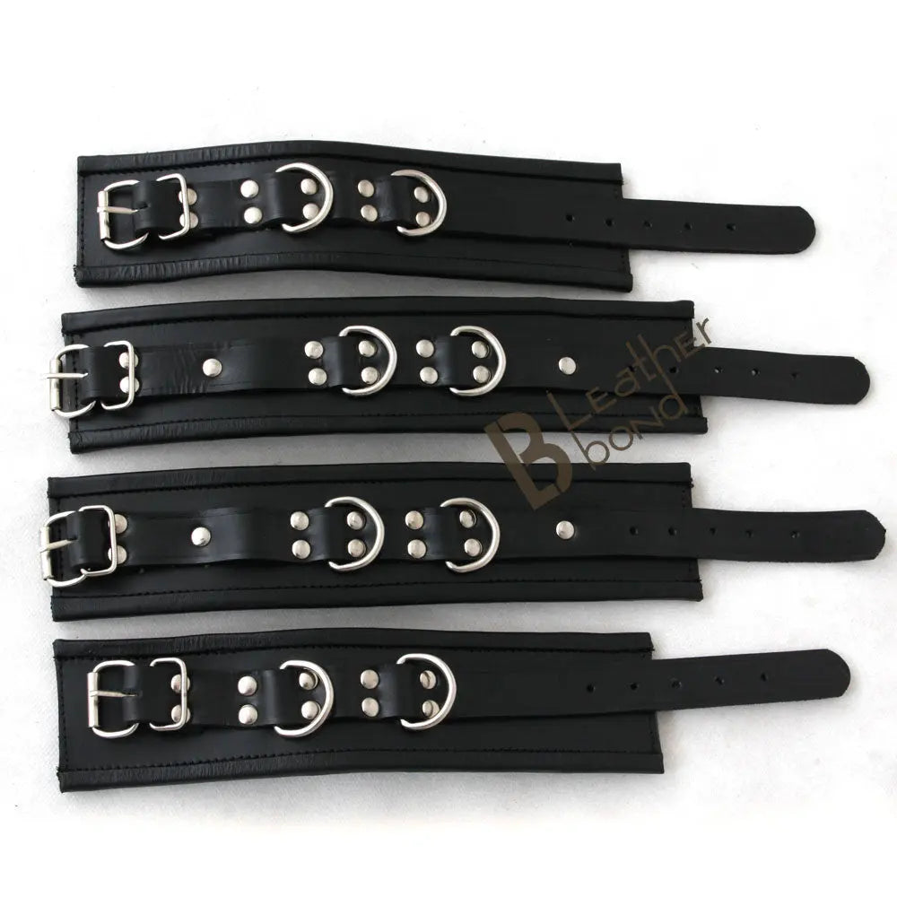 Real Cowhide Leather Wrist, Ankle Cuffs Set Restraint Bondage Set with Hogtie Black 5 Piece Fur Lining - Leather Bond