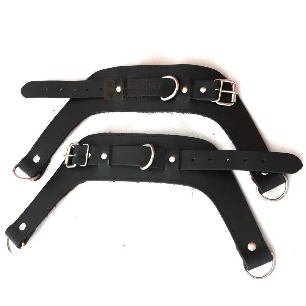 Real Strong Leather Suspension Wrist Cuffs for Restraint Set 2 Pieces Bondage Black Leather with Fur Lining - Leather Bond