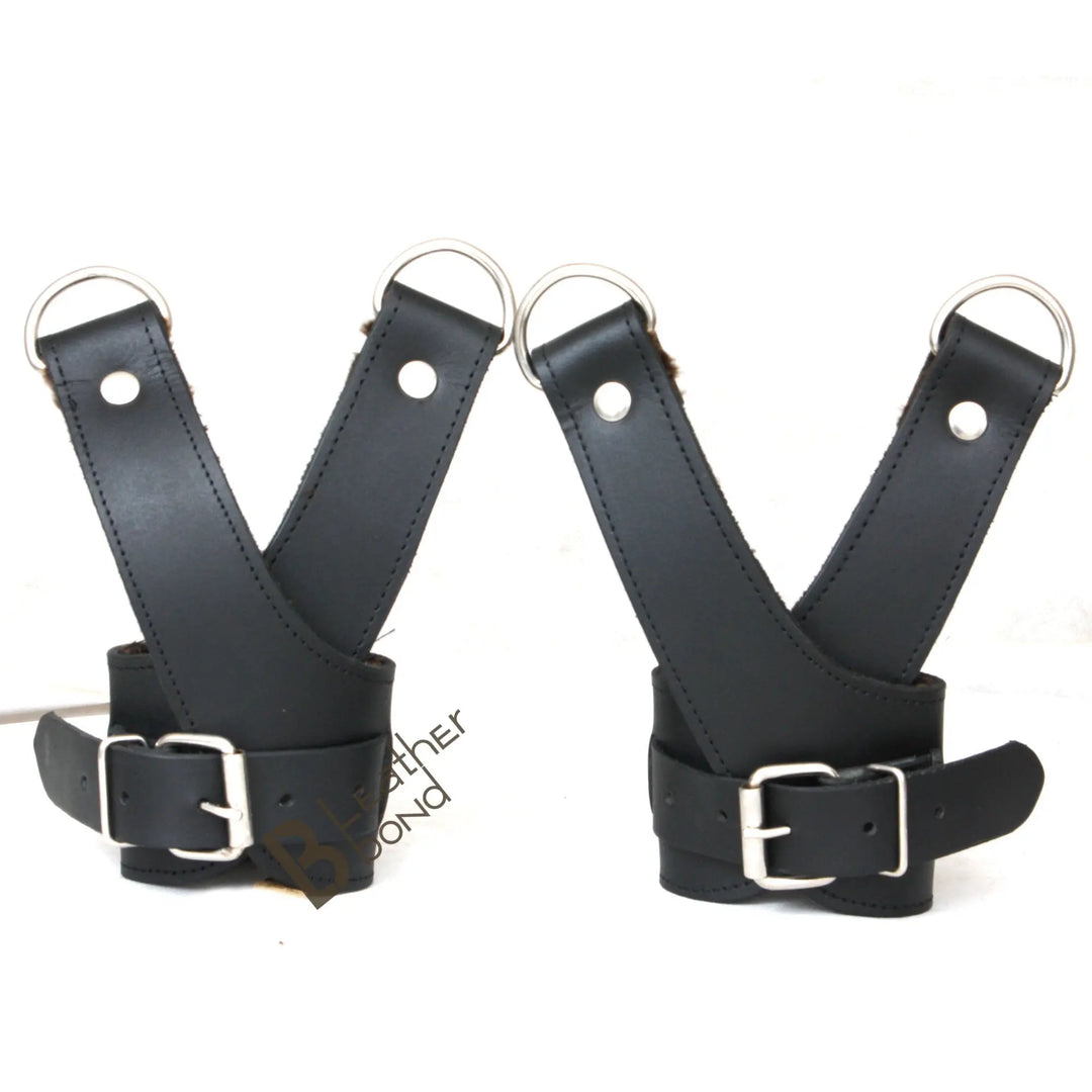 Real Strong Leather Suspension Wrist Cuffs for Restraint Set 2 Pieces Bondage Black Leather with Fur Lining - Leather Bond