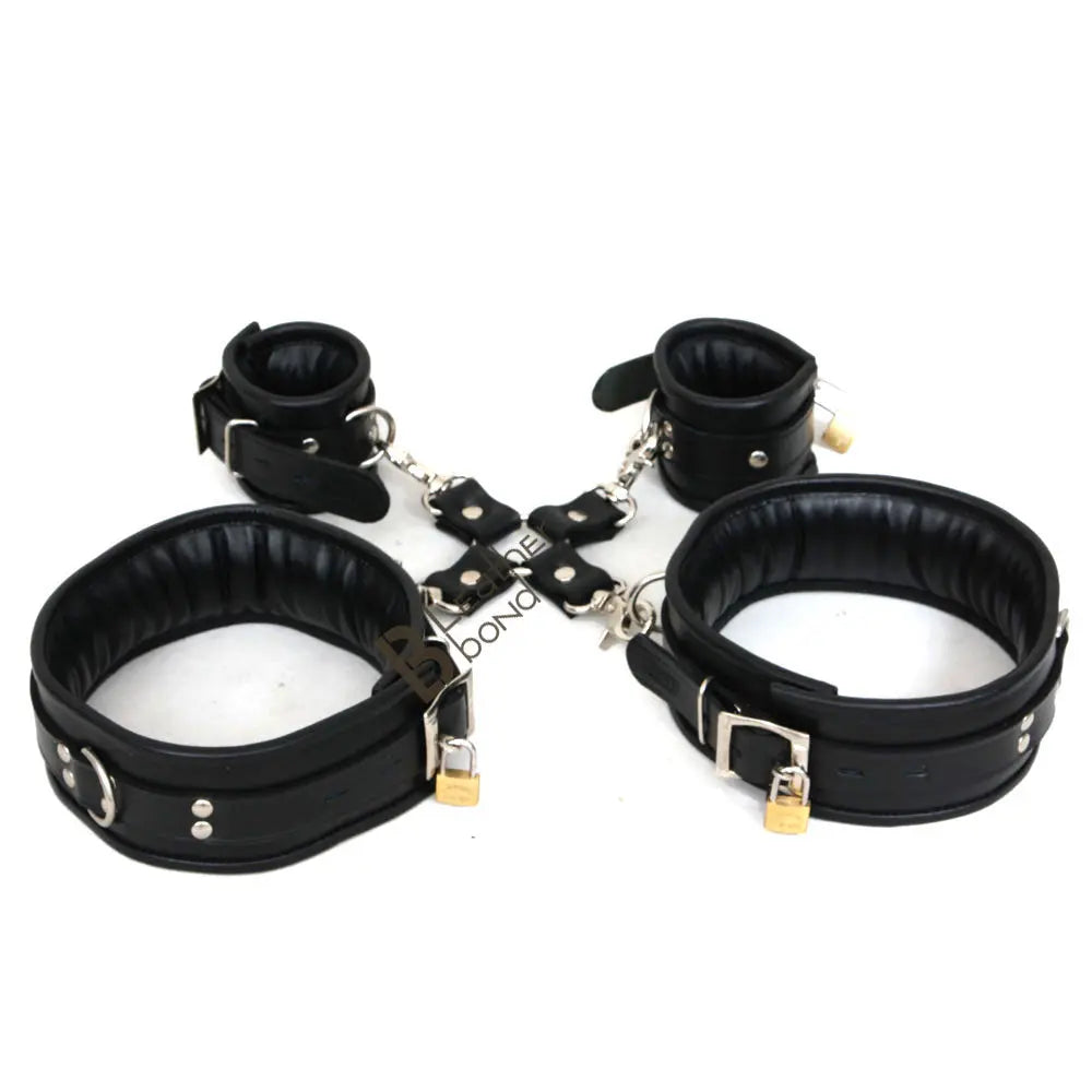 Real Cowhide Leather Wrist & Thigh Cuffs set Restraint Bondage Set Black 5 Piece set Padded Cuffs Lockable with Hogtie - Leather Bond