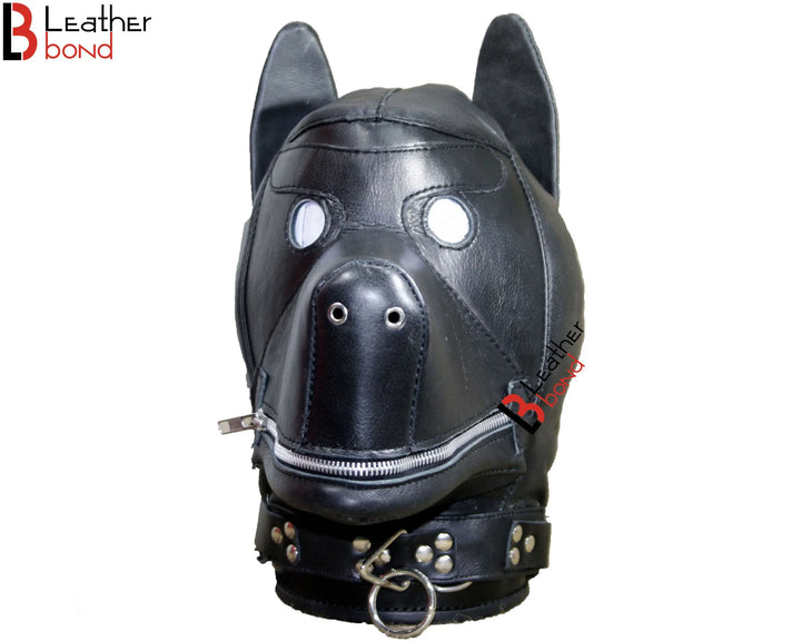 Genuine Cowhide Leather Dog Puppy Mask Hood Costume Reenactment Gear Padded & Lockable with Mouth Gag Leather Bond