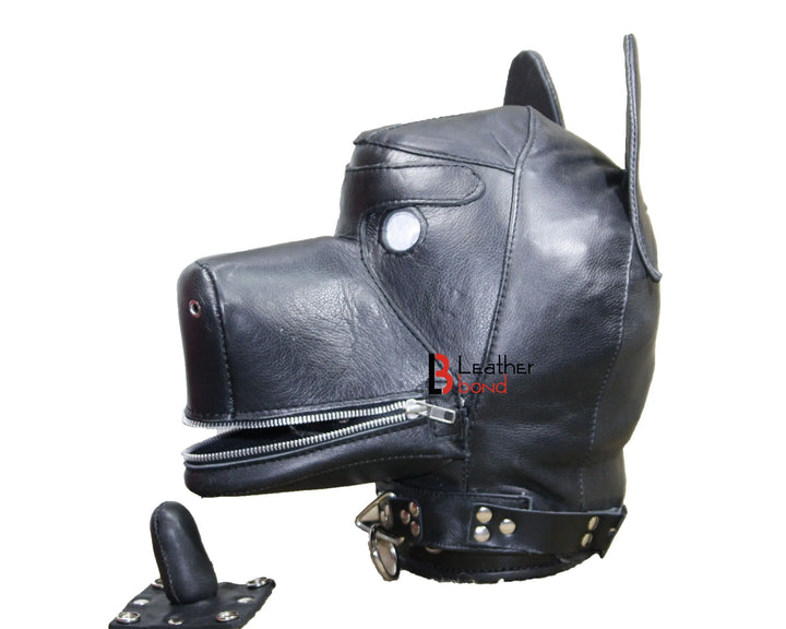 Genuine Cowhide Leather Dog Puppy Mask Hood Costume Reenactment Gear Padded & Lockable with Mouth Gag Leather Bond