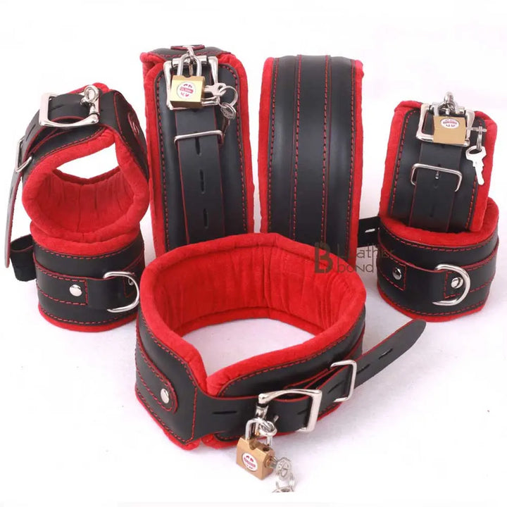 Real Cow Leather Wrist, Ankle Thigh Cuffs Collar Restraint Bondage Set Red Black 7 Piece Padded Cuffs - Leather Bond